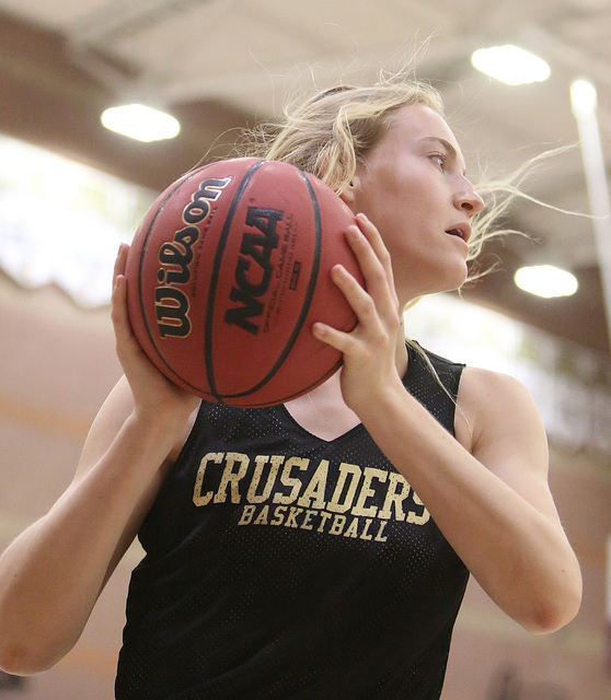 Faith Lutheran’s Bryanna Neagle protects the ball during the team’s practice, Mo ...