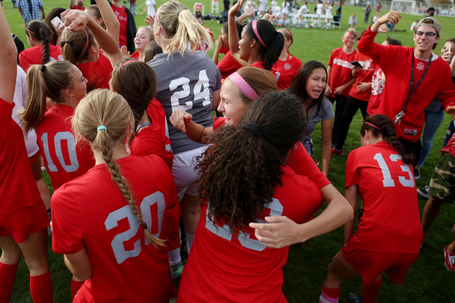 Arbor View celebrate their victory against Palo Verde at the Bettye Wilson Soccer Complex du ...