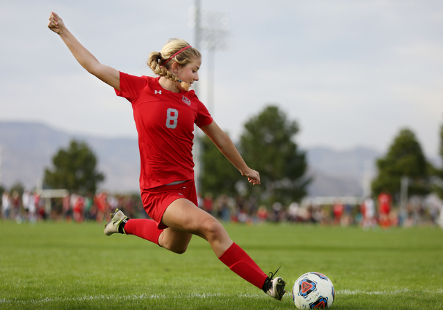 Arbor View’s Hannah Ferrara (8) kicks the ball against Palo Verde at the Bettye Wilson ...