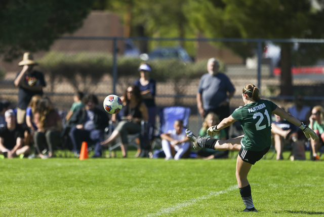 Palo Verde’s Kailee Barnhard kicks the ball during the Sunset Region girls soccer cham ...