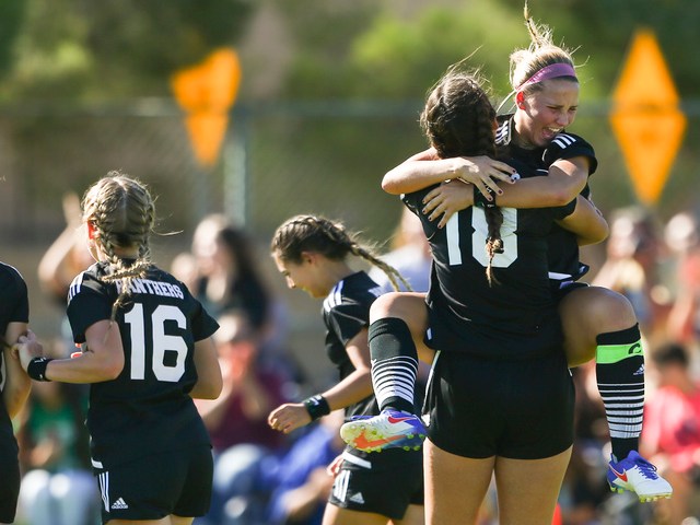 Palo Verde players celebrate after scoring against Arbor View during the Sunset Region girls ...