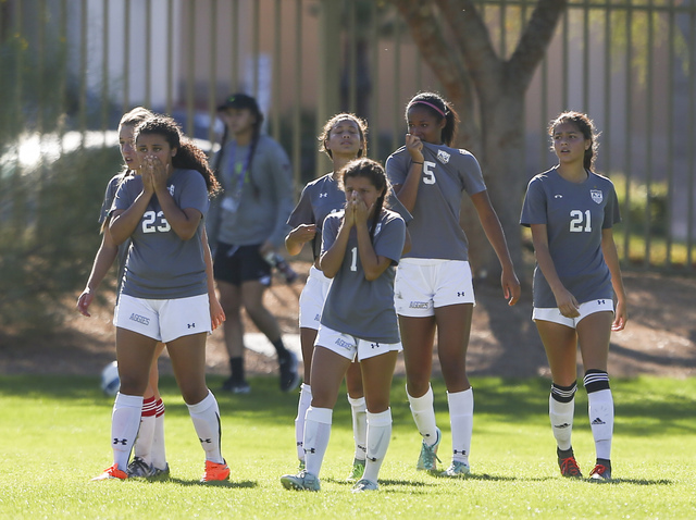 Arbor View players react after losing to Palo Verde during the Sunset Region girls soccer ch ...