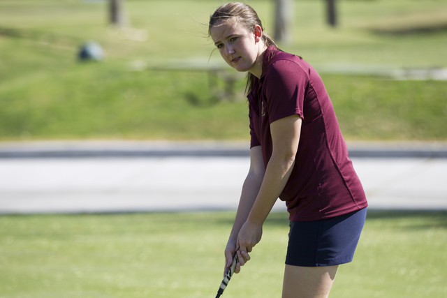 Faith Lutheran’s Olivia Vogel, 17, practices at the Palm Valley Golf Course on Thursda ...