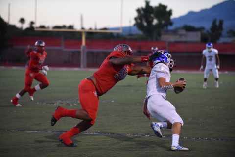 Arbor View’s Greg Rogers (56) tackles an Orem player during their football game played ...