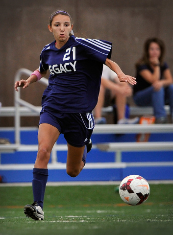 Legacy High School’s Nadia Hernandez races towards the ball during a soccer match agai ...