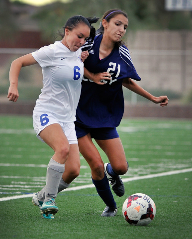 Legacy High School’s Nadia Hernandez (21) chases down the ball against Bishop Gorman&# ...