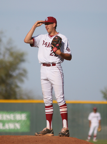 Desert Oasis senior Nolan Kingham stands on the pitcher’s mound during a game against ...