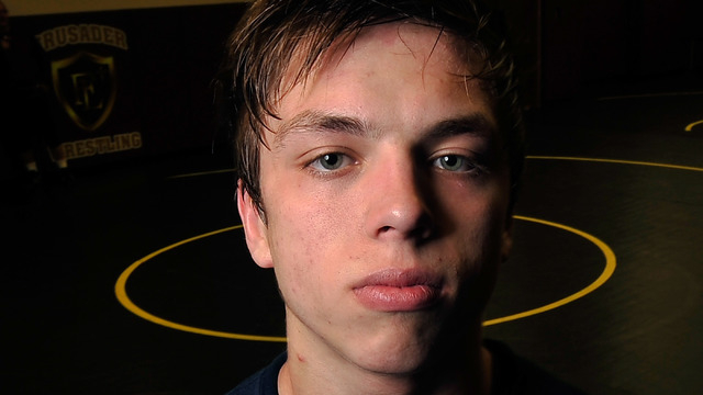 Faith Lutheran wrestler Owen Lawrie poses during a short break from training at Faith Luther ...