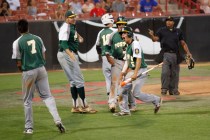 Rancho players celebrate after taking the lead over the Las Vegas Titans in the American Leg ...