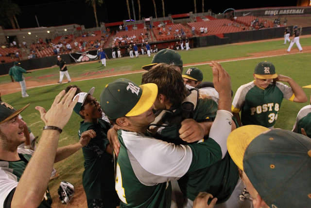 Rancho players celebrate after defeating the Las Vegas Titans 9-8 for the American Legion st ...
