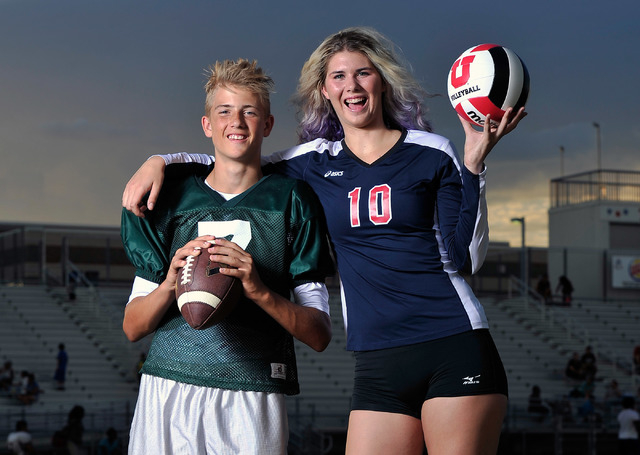 Brother and sister, Kenyon, left, and Berkeley Oblad, pose at Liberty High School on Tuesday ...