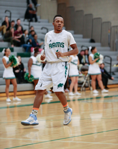 Rancho High School’s David McKeever (1) looks across the court to his teammates during ...