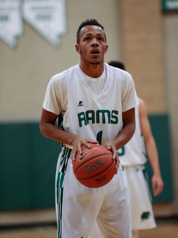 Rancho High School’s David McKeever (1) prepares for a free throw during a basketball ...