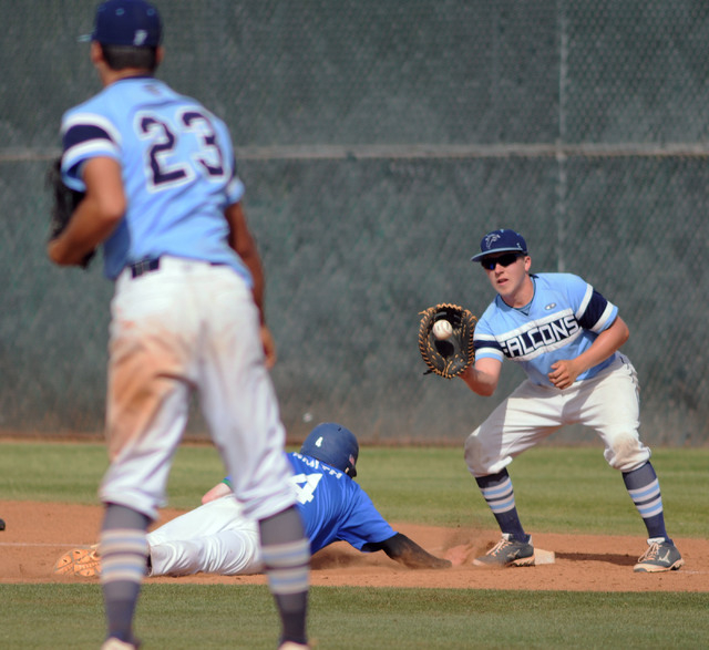 Foothill pitcher Nick Cardinale (23) attempts to pick off Green Valley’s Keaton Smith ...