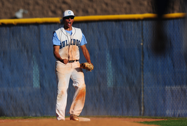 Centennial first baseman Frank Sessa celebrates the final out of their 5-4 win over Shadow R ...