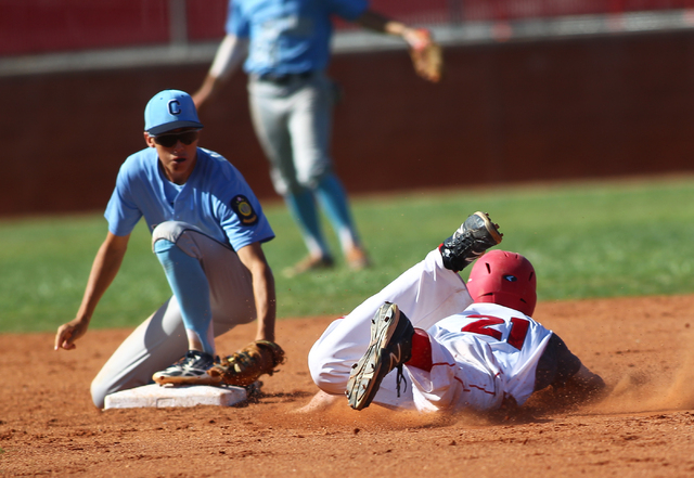 Centennial’s Jacob Horton, left, looks to tag out Arbor View’s Gabe Gonzales at ...