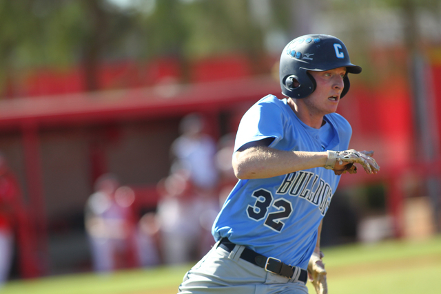 Centennial’s Will Loucks runs for first base against Arbor View during the Sunset Regi ...