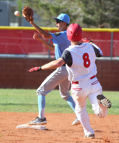 Centennial’s Jacob Horton forces Arbor View’s Kevin Johns (8) at second in the S ...