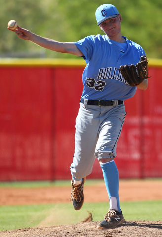 Centennial pitcher Will Loucks throws to first while against Arbor View in the Sunset Region ...
