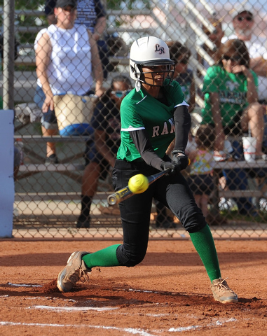 Rancho’s Tiare Lee checks her swing during her at-bat in the second inning of the Sunr ...