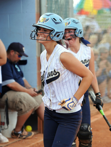 Foothill’s Katelyn Enzweiller smiles after scoring the go-ahead run in the fourth inni ...