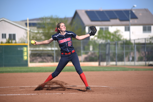 Coronado’s Sarah Pinkston (17) pitches against Foothill during their softball game at ...