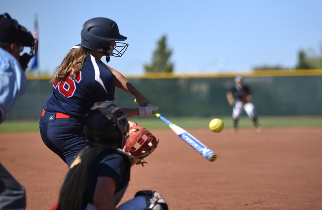 Coronado’s Sophia McCann (16) swings at a pitch against Foothill during their softball ...