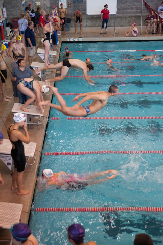 Racers warm up for the start of the Sunset Region meet on Saturday at UNLV. (Martin S. Fuent ...