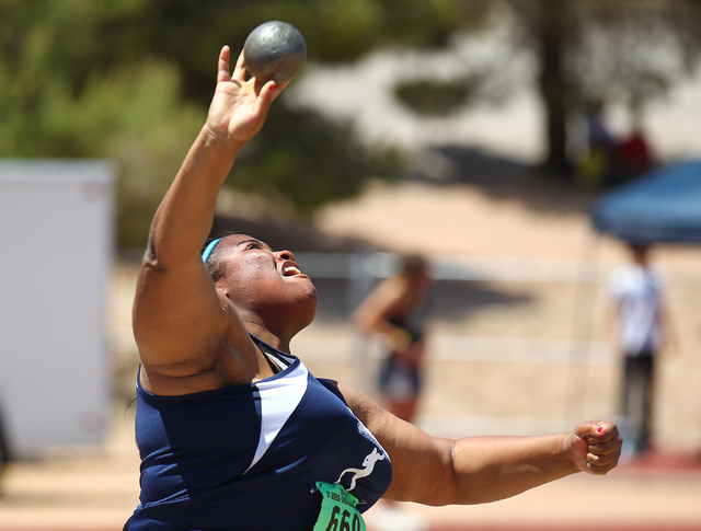 Liberty’s Ashlie Blake competes in the girls shot put event Saturday. Blake set a Sunr ...