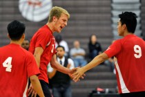 Las Vegas’s Brandon Kampshoff, center, reacts with teammates Kenneth Buen (4) and Mich ...