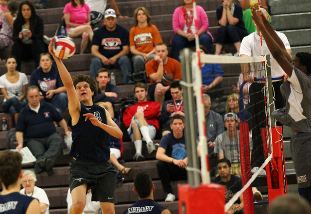 Legacy’s Trent Compton (8) goes for a kill against Arbor View during a Sunset Region b ...