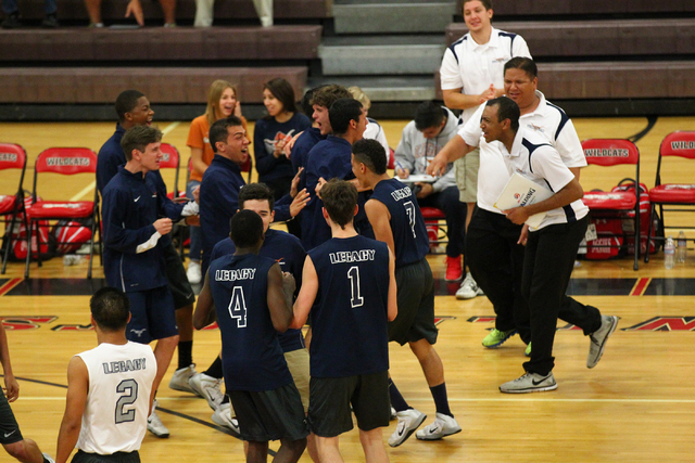 Legacy players react after defeating Arbor View 3-1 in a Sunset Region boys volleyball semif ...