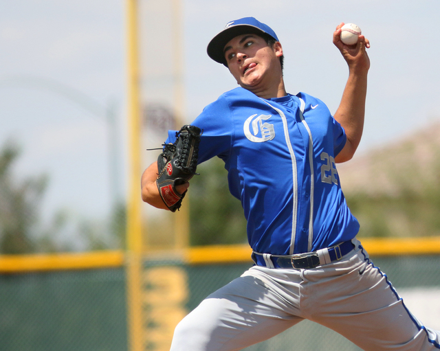 Bishop Gorman’s Brian Coffey pitches during the Division I Sunset Region high school b ...