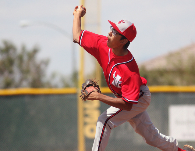 Arbor View’s Chris Villarias pitches during the Division I Sunset Region high school b ...