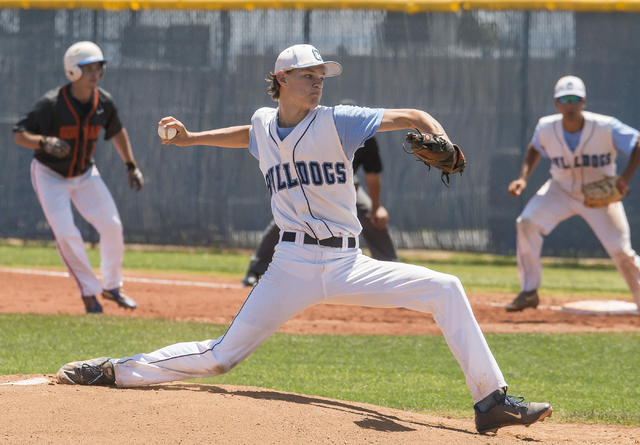 Centennial’s (2) Hayden Rosenkrantz pitches against Bishop Gorman during the Sunset Re ...