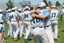 Centennial’s (18) Hayden Grant and (7) Paydon Prescott celebrate their 8-4 victory ove ...