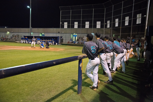The Silverado High School baseball team watches during their game against Green Valley at Ba ...