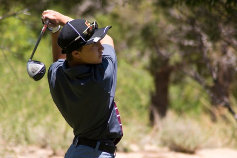 Eldorado’s Matthew Manganello hits his ball during the Sunrise Region boys golf tourna ...