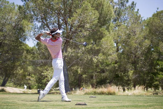 Bishop Gorman’s Owen Rosebeck hits his ball during the Sunset Region boys golf tournam ...