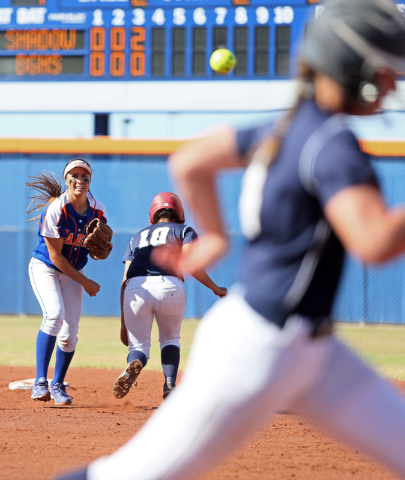 Bishop Gorman’s Shelby Estocado, left, throws the ball past Shadow Ridge’s Alexi ...