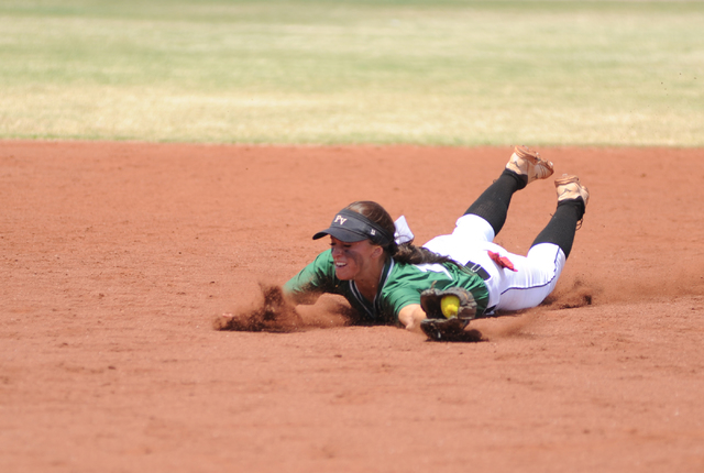 Palo Verde shortstop Haley Harrison dives and catches a pop fly during the Sunset Region cha ...