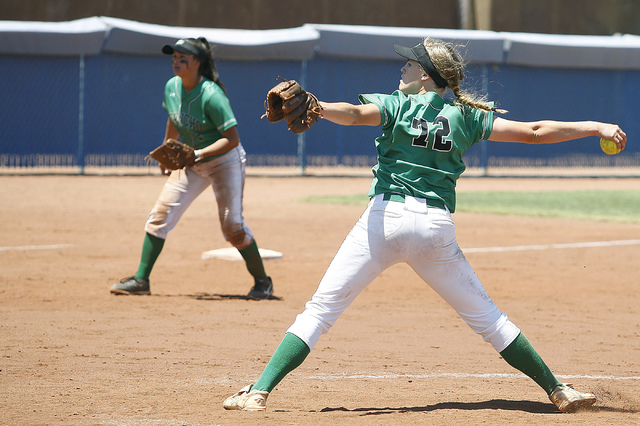 Sam Pochop of Rancho pitches to Liberty during their softball game at Bishop Gorman High Sch ...