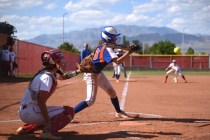 Bishop Gorman’s Morgan Blanner (15) swings at a pitch against Arbor View during their ...