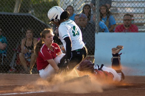Rancho’s Jahnae Davis-Houston (10) slides into home plate scoring the only run of the ...