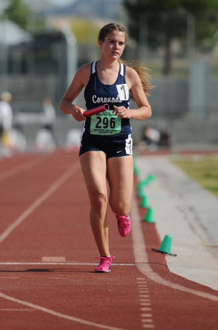 Coronado’s Sara Dort finishes first in the girls 3,200-meter relay at the Sunrise Regi ...