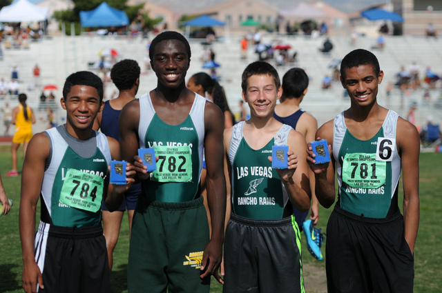 Rancho’s 3,200-meter relay boys team Novell Reid, from left, Joshua Mireku, Chase Norb ...
