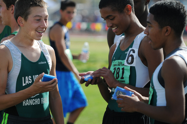 Rancho’s 3,200-meter relay boys team Chase Norberg, from left, Lorenzo Johnson and Nov ...
