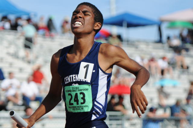 Centennial’s Bryan Espino finishes first in the boys 3,200-meter relay at the Sunset R ...