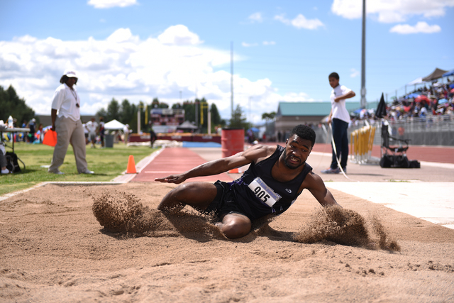Silverado’s Vernon Jackson competes in the long jump event during the Division I regio ...
