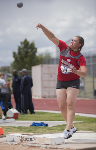 Arbor View’s Reina Martin competes in the shot put event during the Division I region ...